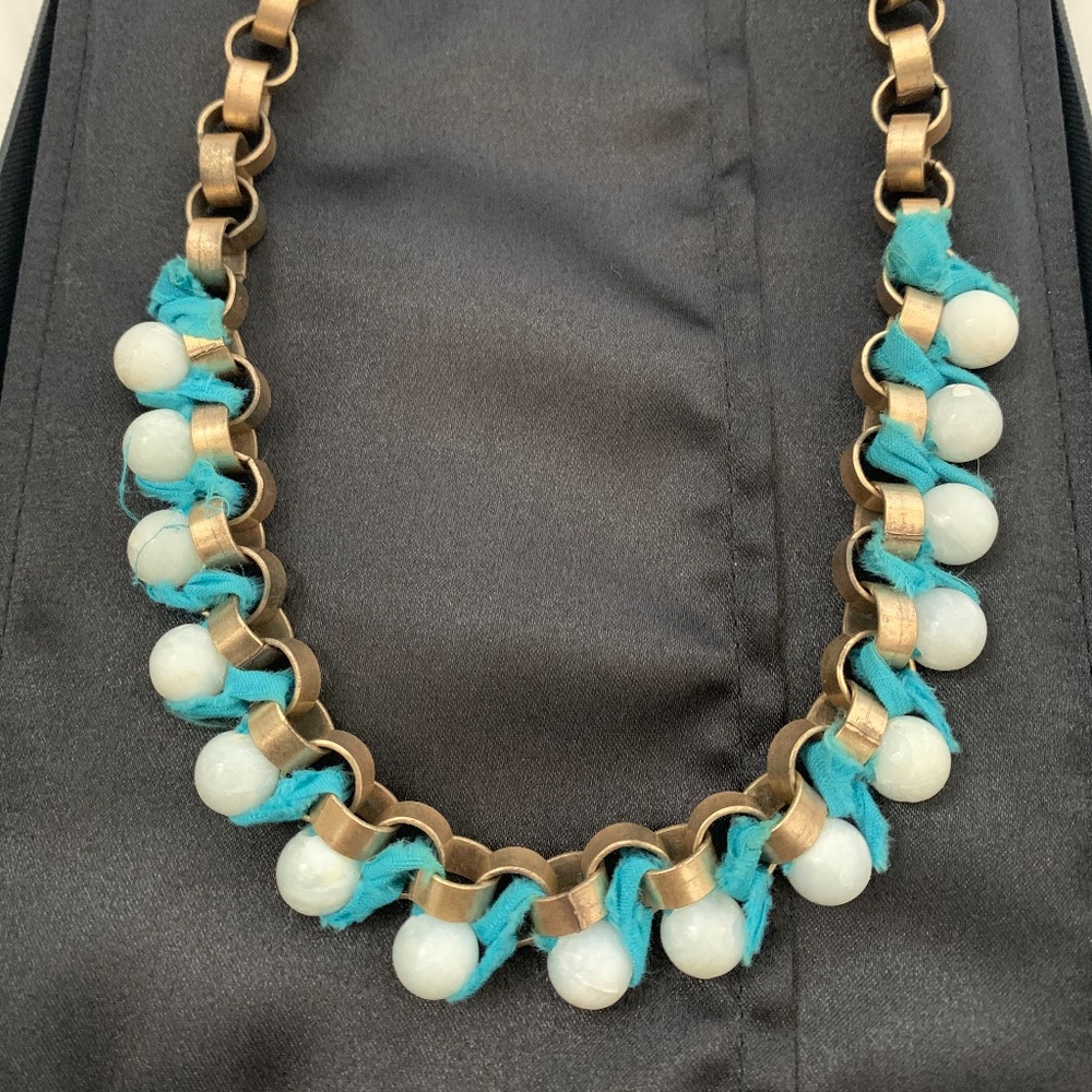 Vintage Anthropologie brass and faux pearl with turquoise ribbon necklace